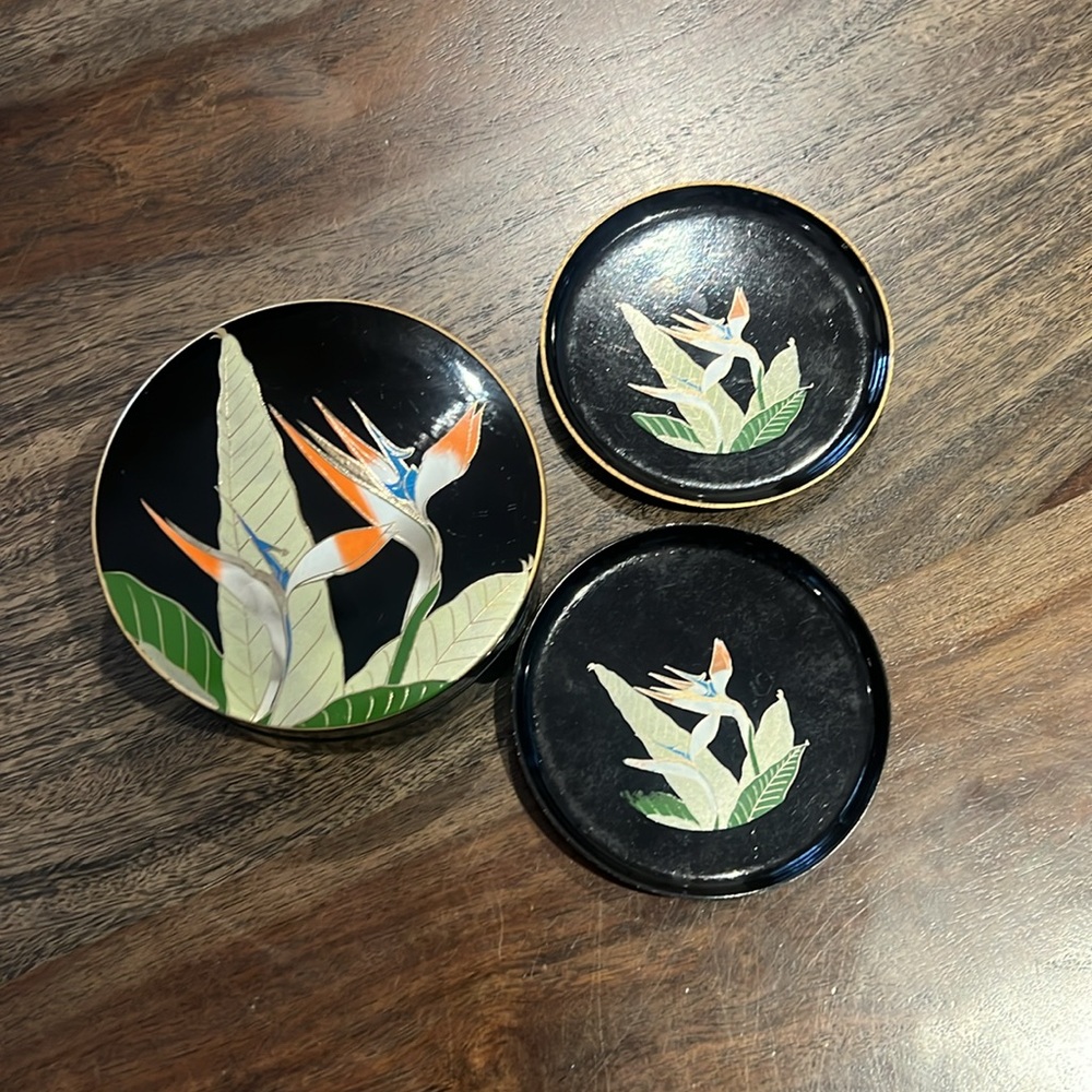 Otagiri Bird of Paradise Container with 2 Coasters Japan Vintage